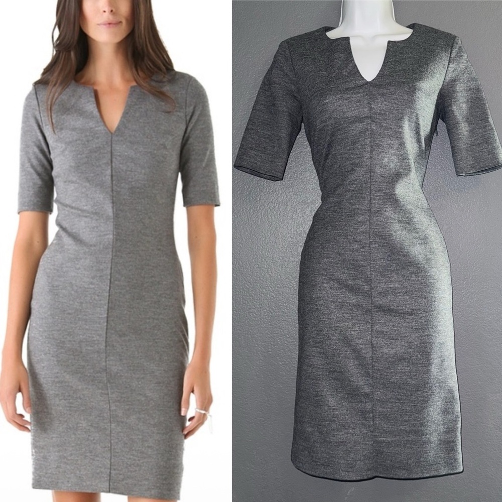 Diane von Furstenberg Designer Gray Short Sleeve V-Neck Sheath Wool Dress XS 2